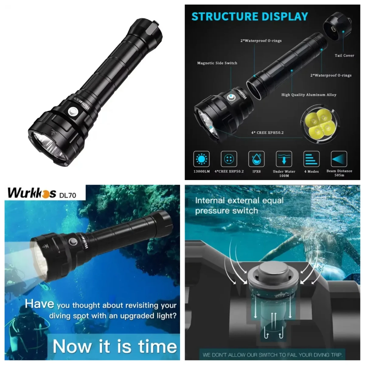 

Outdoor DL70 Super Bright 13000 LM Diving Flashlight IPX-8 Camping Waterproof High Reliability Torch LED Professional Aluminum