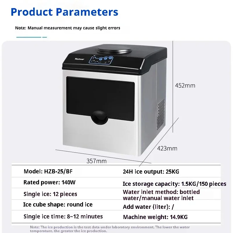 เครื่องทำน้ำแข็งทรงหัวกระสุนเครื่องทำน้ำแข็ง1.5กก./150ชิ้น25กก. สำหรับเคาน์เตอร์การค้าหรือใช้ในบ้าน