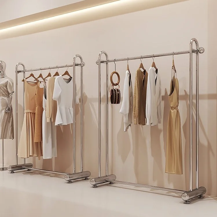 Stainless steel clothing display rack floor-to-ceiling display hanger for men's and women's clothing double-bar black middle