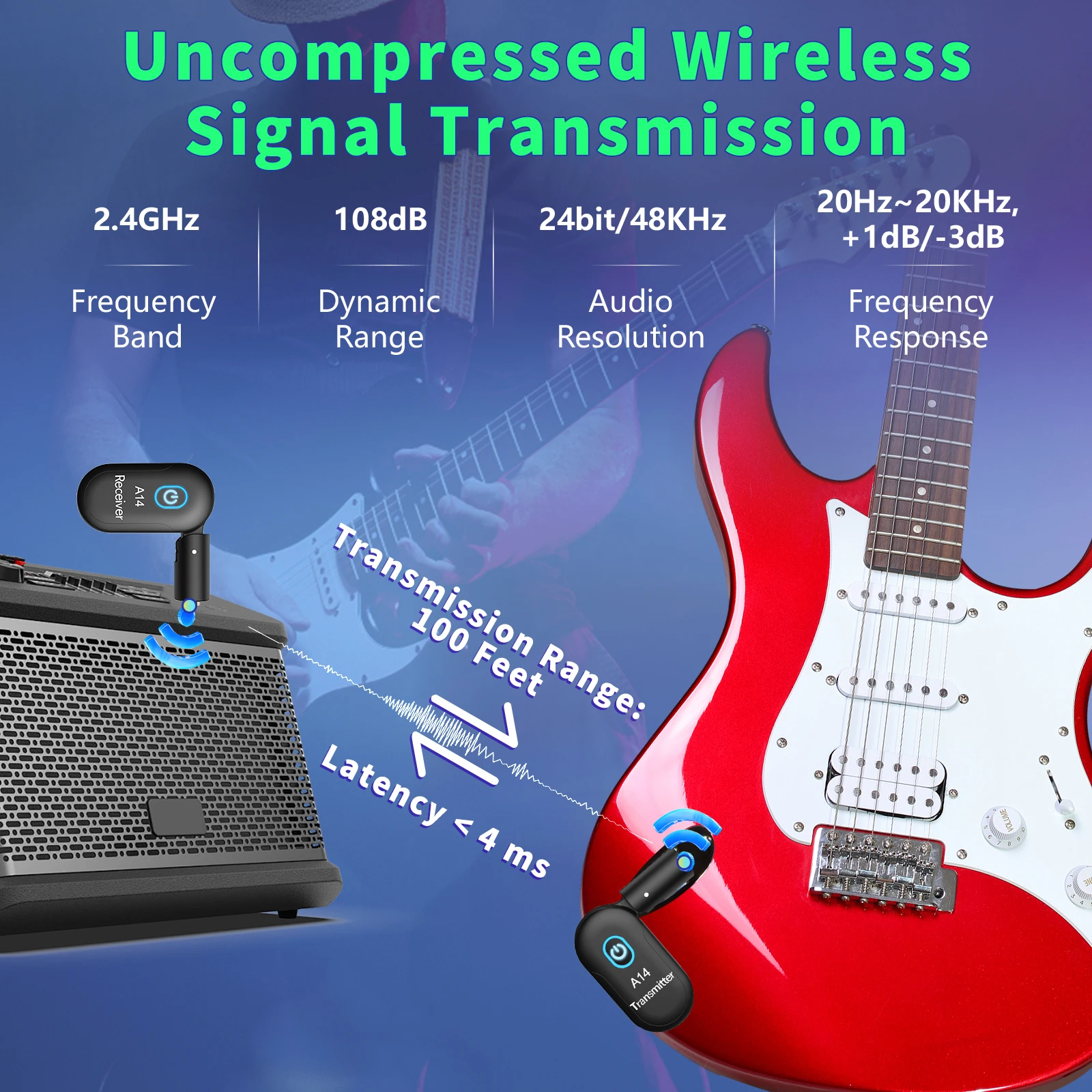 2.4GHz Wireless Guitar System Rechargeable Audio Wireless Transmitter Receiver for Guitar Bass Electric Instruments 90°Rotatable