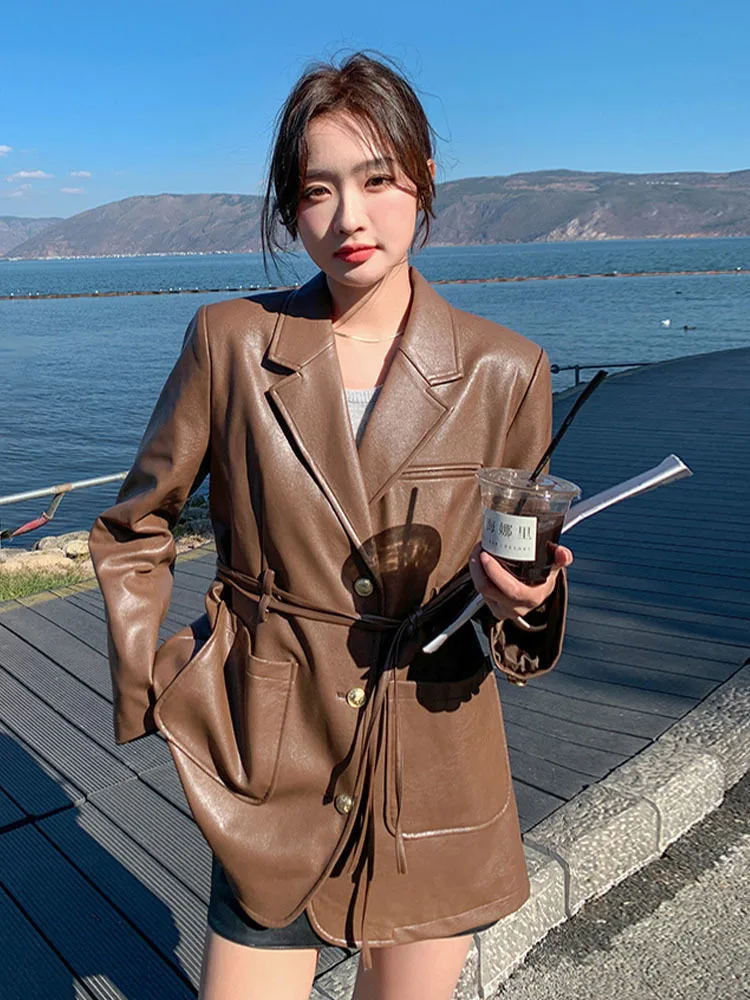 Loose Fit Brown Button Pu Leather Big Size Jacket New Lapel Long Sleeve Women Coat Fashion Tide Spring Autumn 2023