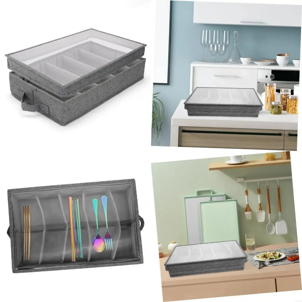 

Silverware Storage Container With 4 Removable Partitions Clear View Window Reinforced Carrying Handles Stackable For Dining