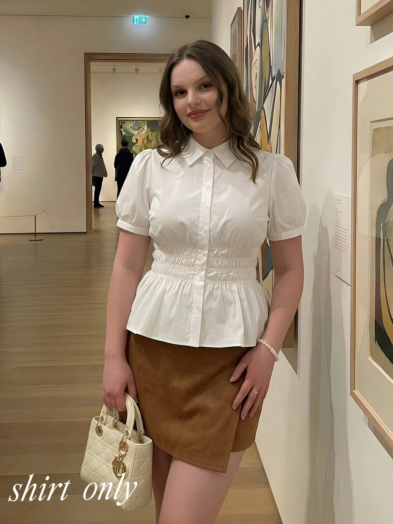 

White Ruched Waist Peplum Blouse With Puff Sleeve Button Front Collar