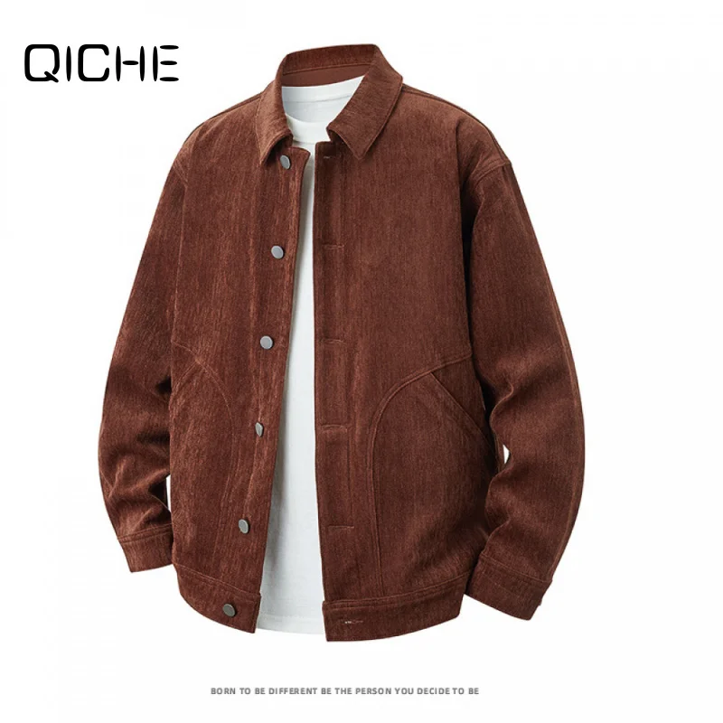 QICHE 2026 New Unisex Crew Neck Knit Coat Autumn American Retro Multi Colored Wave Jacquard Design Casual Outerwear