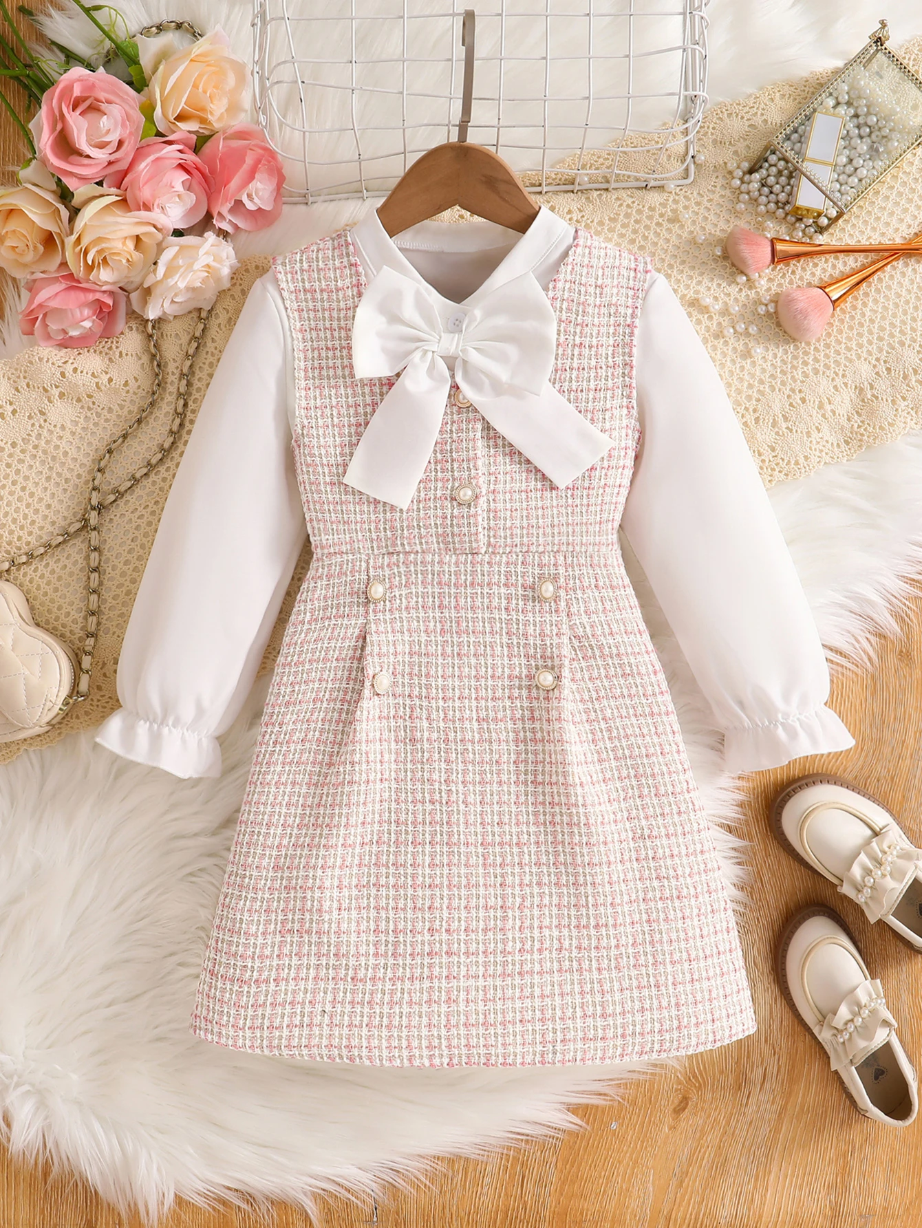 Girls 2 Piece Outfit 4-8Y, White Long Sleeve Blouse + Pink Plaid Tweed Vest Dress with Big Bow, Kids Elegant Party Birthday Dres