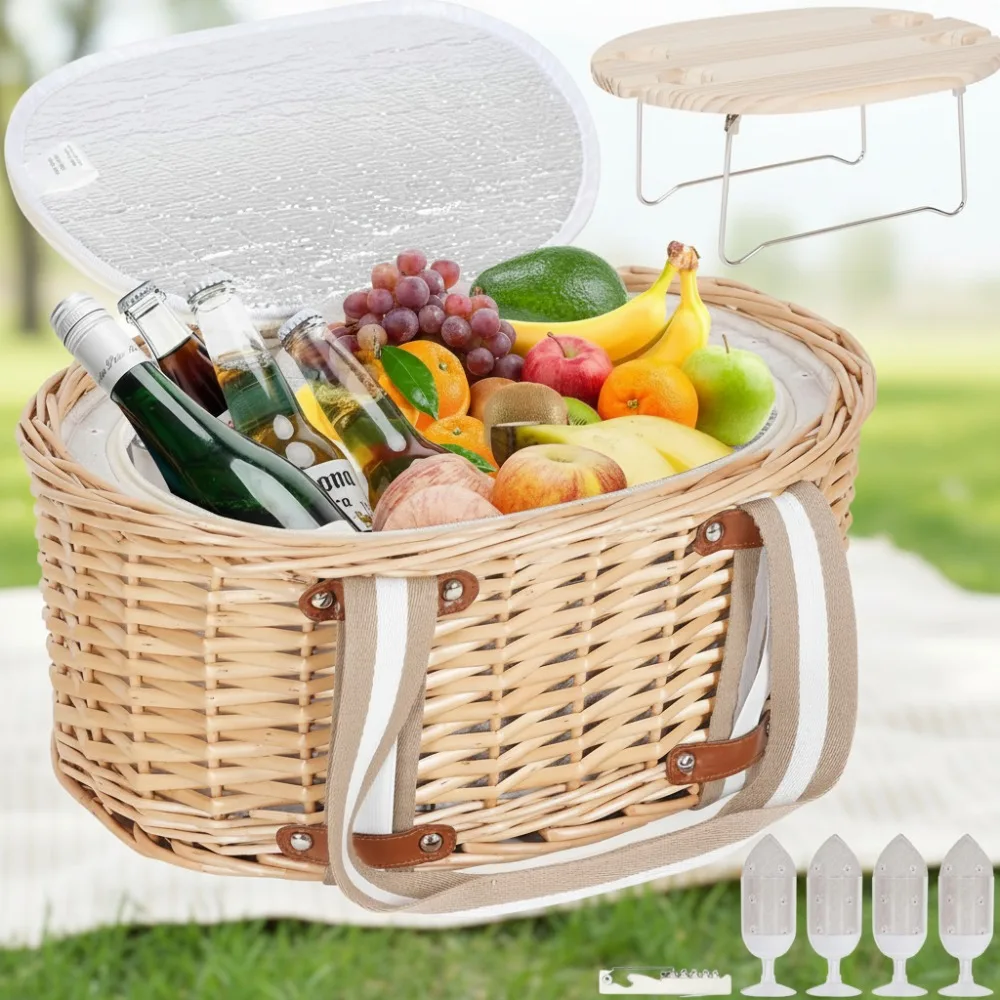 

4-Person Insulated Picnic Basket Set with Folding Wine Table, Outdoor Camping Romantic Date Kit