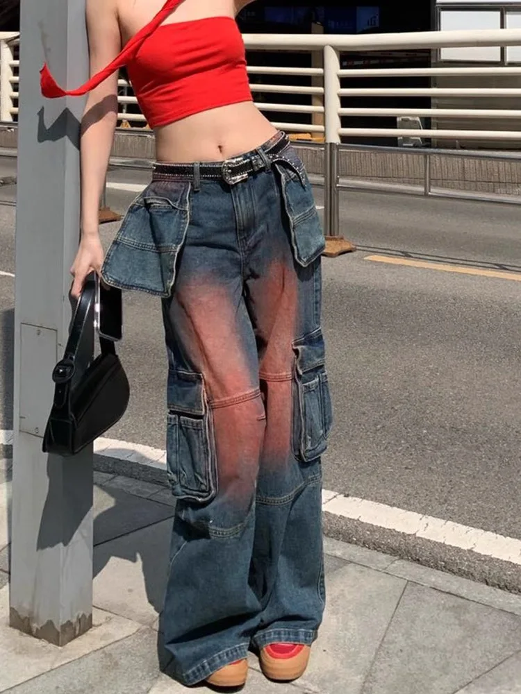 

Cargo Jeans Women Fall 2025 Multi Pocket Design Wide Leg Trousers Floor Length Denim Pants Casual Streetwear