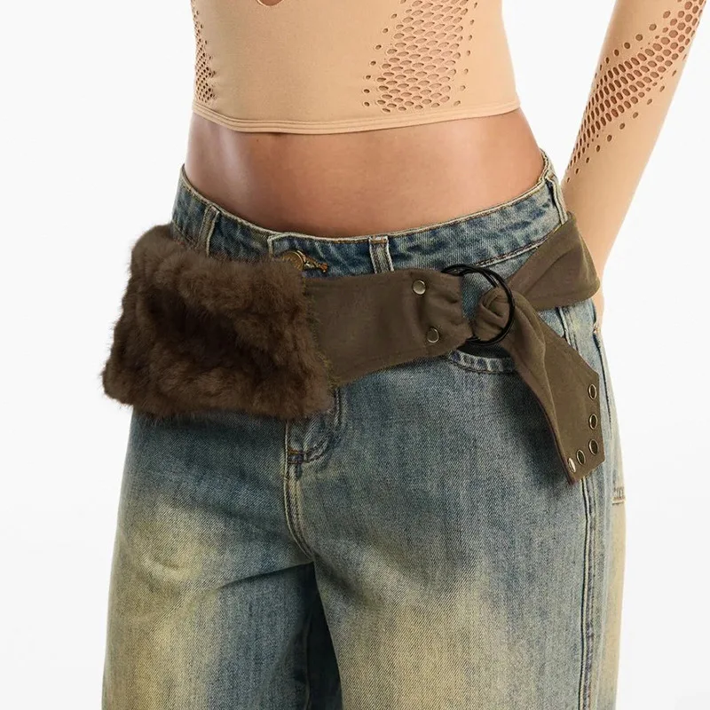 

American Style Personality Fur Adjustable Belt Ins Style Retro Street Decoration Belt Ring Buckle Autumn And Winter Women's Belt