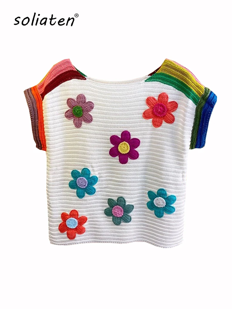 Women Vintage Floral Embroidered Knit T Shirt Ladies Hollow Out  Luxury Handmde Outfits Casual Vacation Rainbow Crop Top B-053