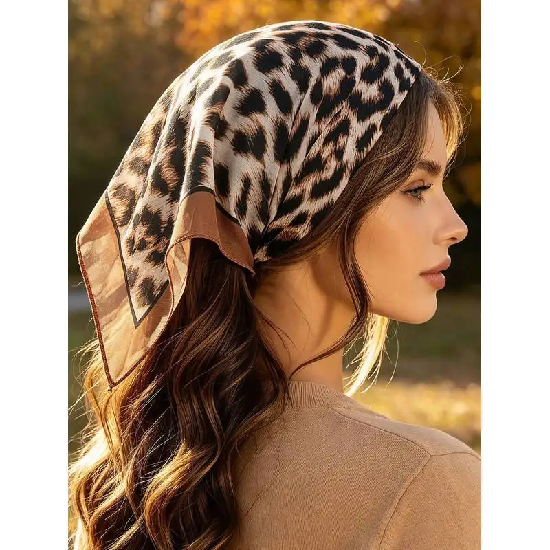 1pc Women Leopard Print Cotton Linen Hair Bandana Triangle Head Scarf Vintage Cheetah Kerchief Headband Hair Accessories