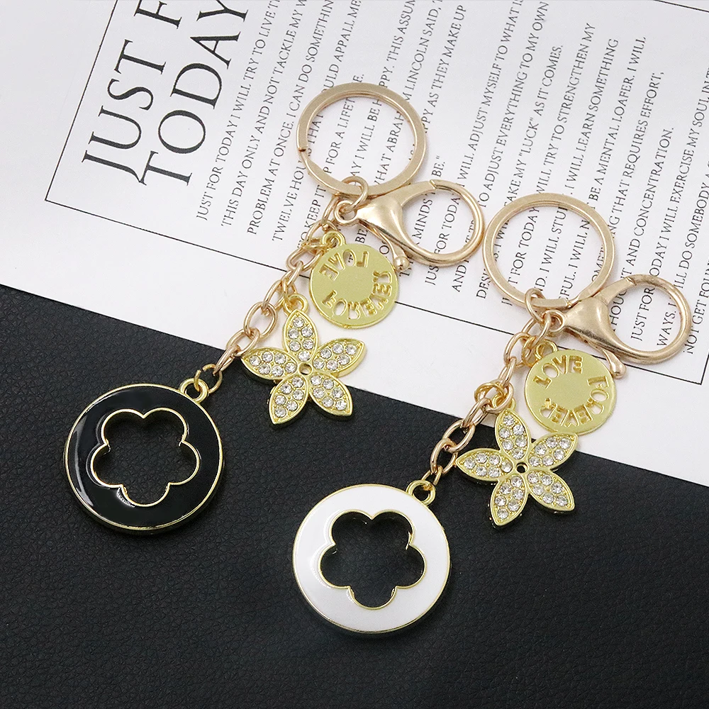 Flower Clover Keychain Pendants letter Love Forever Rhinestone Pendant KeyRings For Women Purse Backpack Exquisite Jewelry