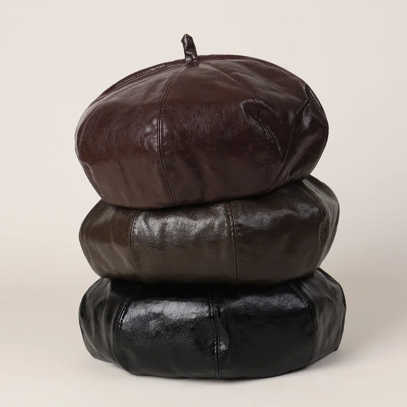 

Faux Leather Beret Women Hat Cap Autumn Winter Warm Accessory For Outdoor Spring