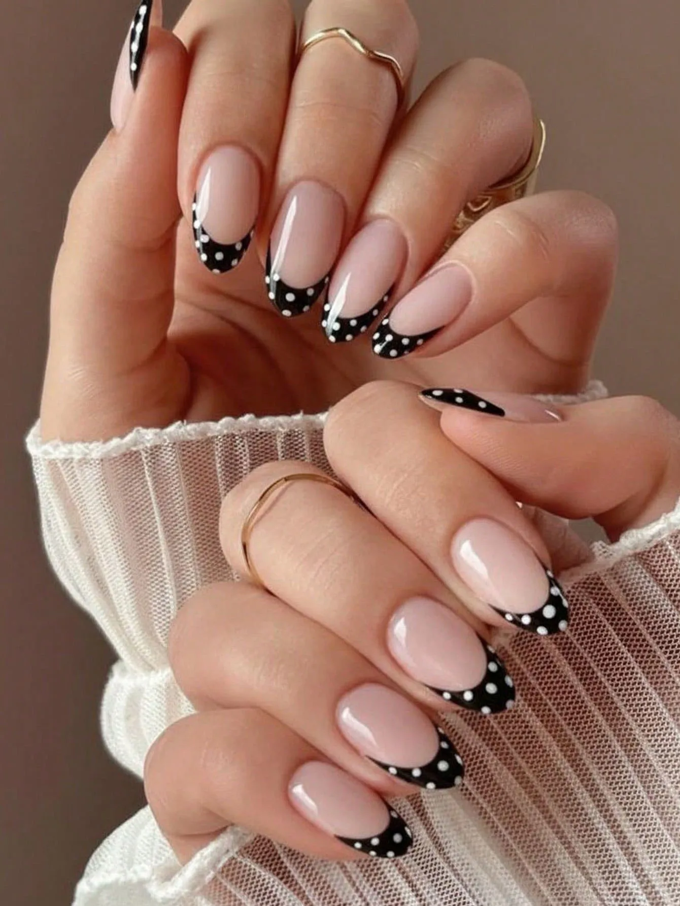 24 PCS French Color Matching Polka-Dot Almond Fake Nails Press On Nail