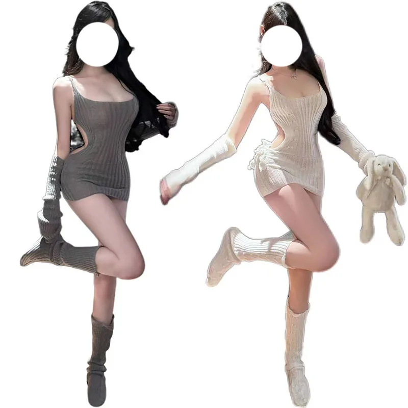 

Japanese Style Pure Desire Backless Sweater Spicy Girl Retro Deep V Lingerie Female Slim Fit Suspender Knit Dress With Socks