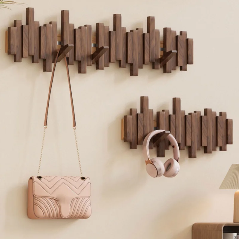 Walnut Wood Coat Rack Wall Mounted Art Hook With Magnetic Flip Down Hanger For Entryway Bathroom Hat Towel Bag Wooden Holder