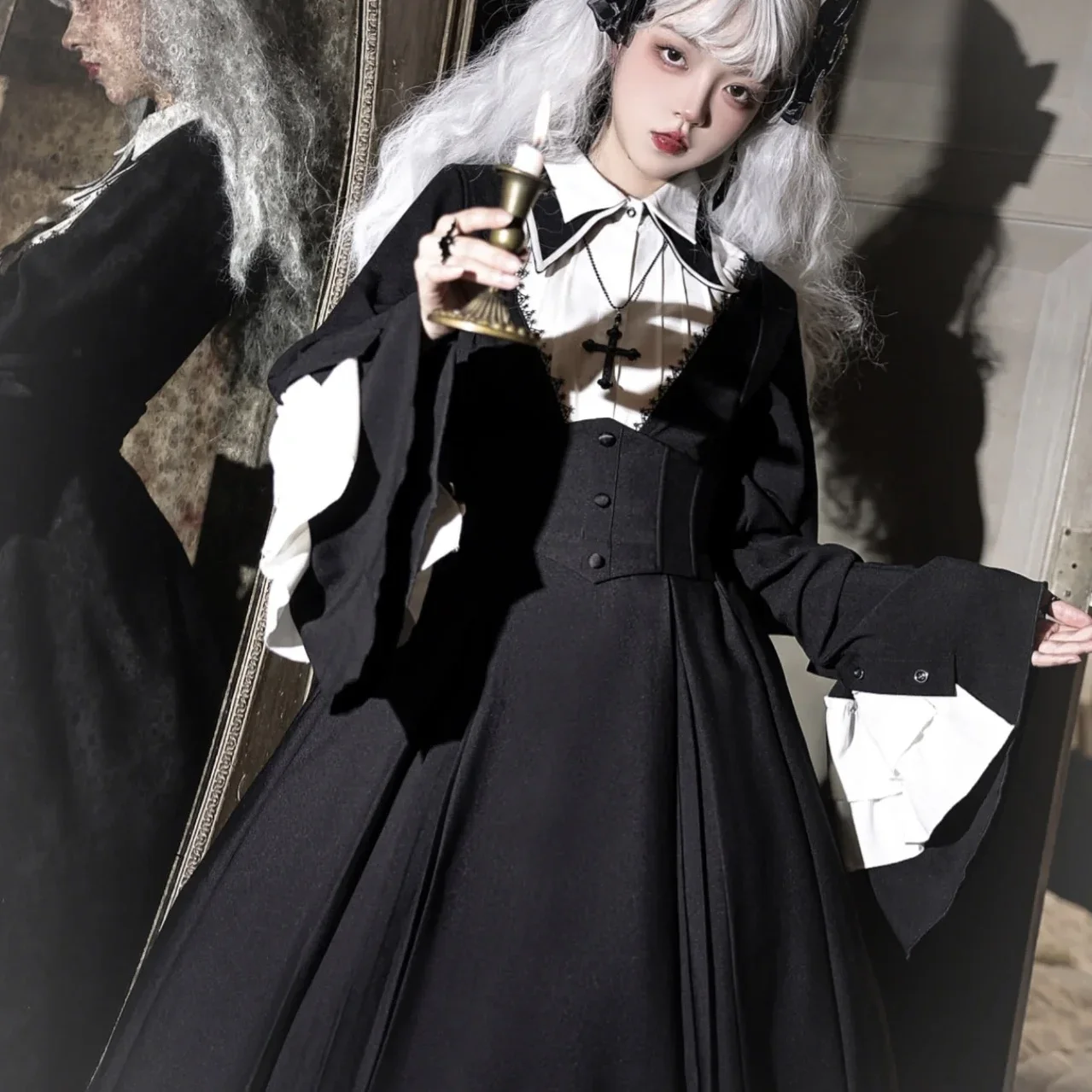 

Coalfell Halloween Dark Cross Praise Lolita Slimming Nun Style Lolita Long Sleeve OP Dress Autumn/Winter Women