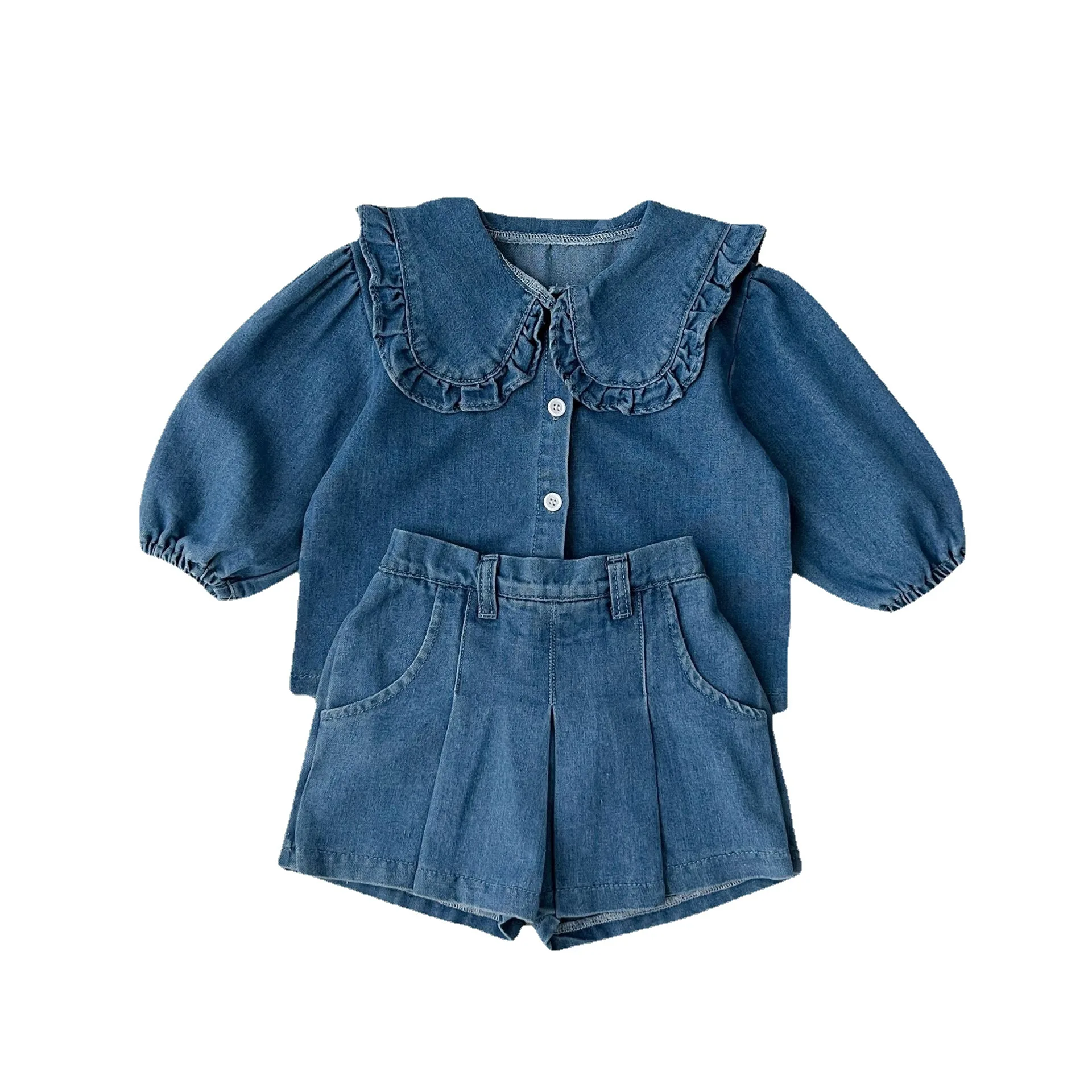 fashionable childrens set denim top+jeans short Korean version girl casual sports two-piece set 0-6 year old childrens cloth