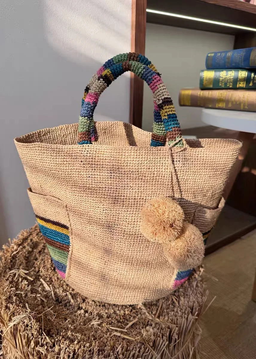 

Модная красочная пляжная соломенная сумка из рафии, большая сумка через плечо, сумка-тоут, кошелек