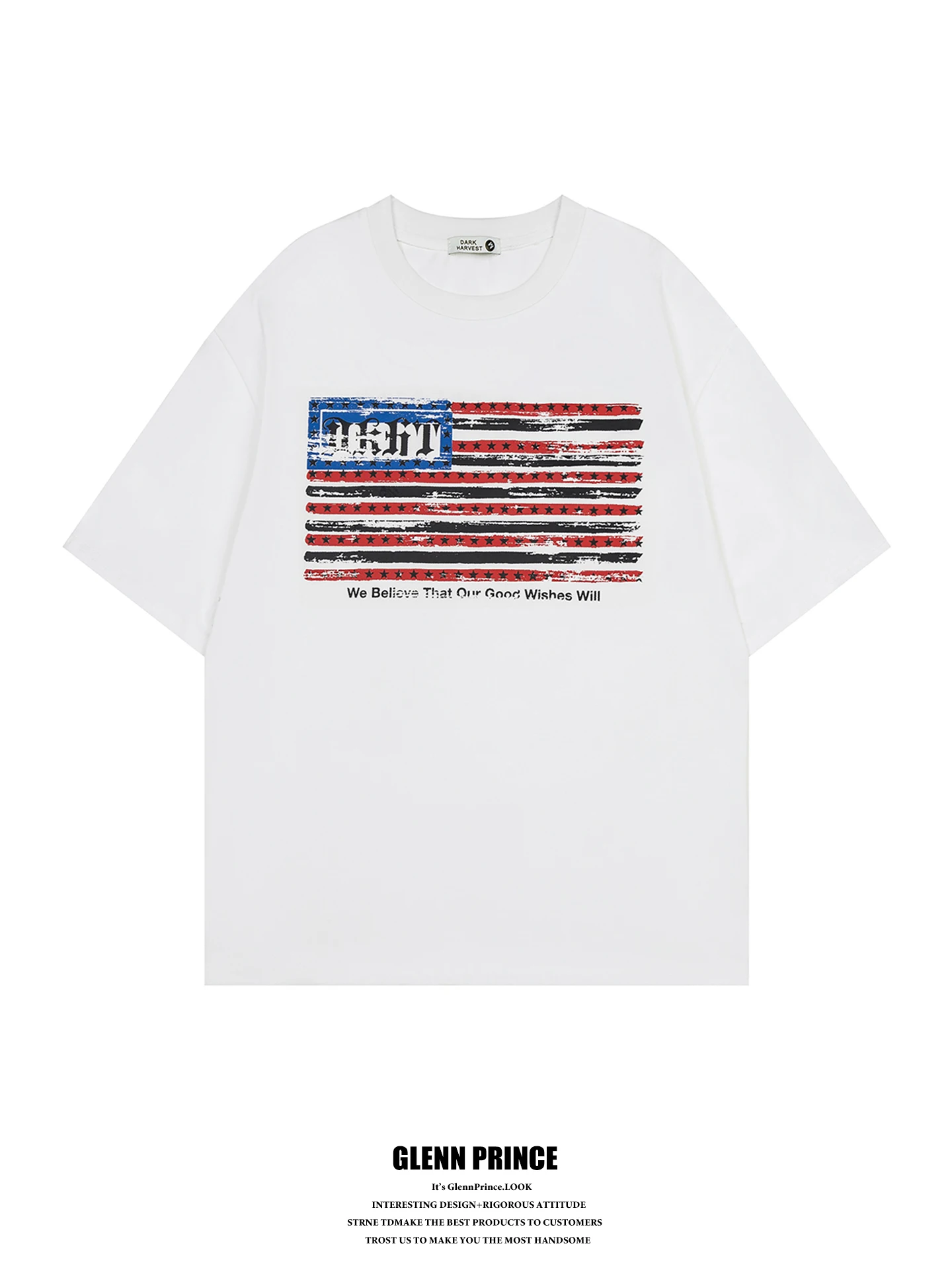 

Loose Fit round Neck Short Sleeve T-Shirt Men's American Gothic Letter Flag Print High Street Style Cotton Tee Casual Summer