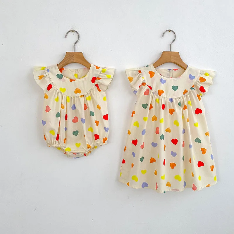

‌2025 New Girls Dress Summer Newborn Romper Colorful Hearts Flutter Sleeves Princess Matching Outfits Baby Toddler Cute Clothes