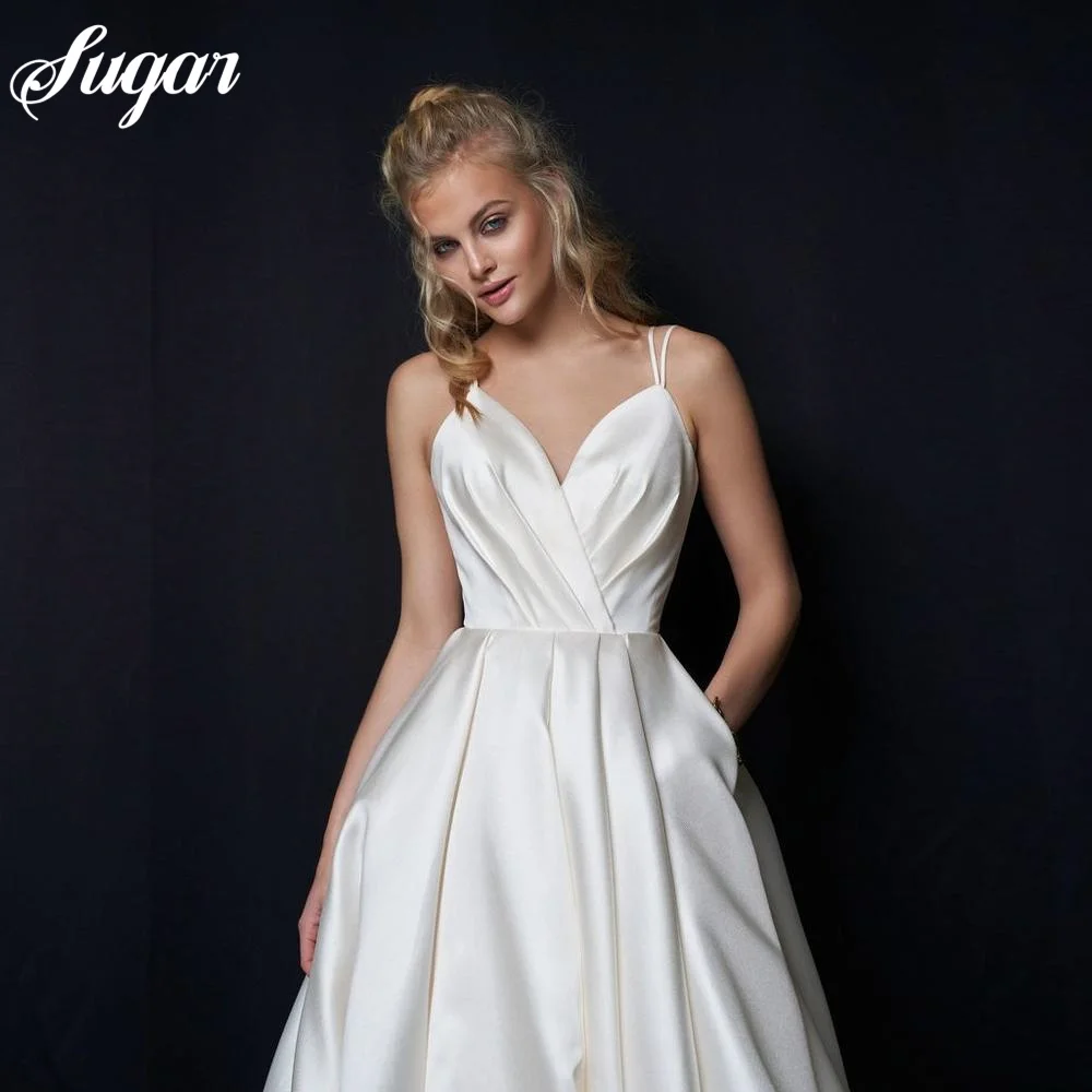 Elegant Satin Wedding Dress For Women Sexy Spaghetti Straps Ruched Pleats A- Line Simple Bridal Gown Vestido De Noiva Customize