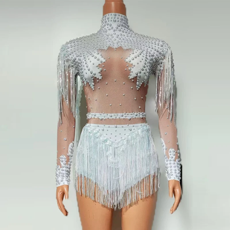 

Sexy Pole Dance Clothing Women White Pearls Fringed Bodsyuit Bar Dj Ds Gogo Costume Drag Queen Outfit Stage Party Wear XS9577