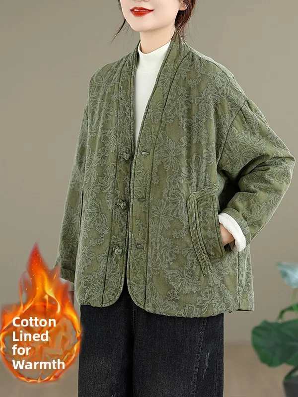 

Retro Chinese Sle V-Ne Button-Up Cotton Jaet Loose Casual Warm Floral Embroidery Women's Coat Thiened Long Sve