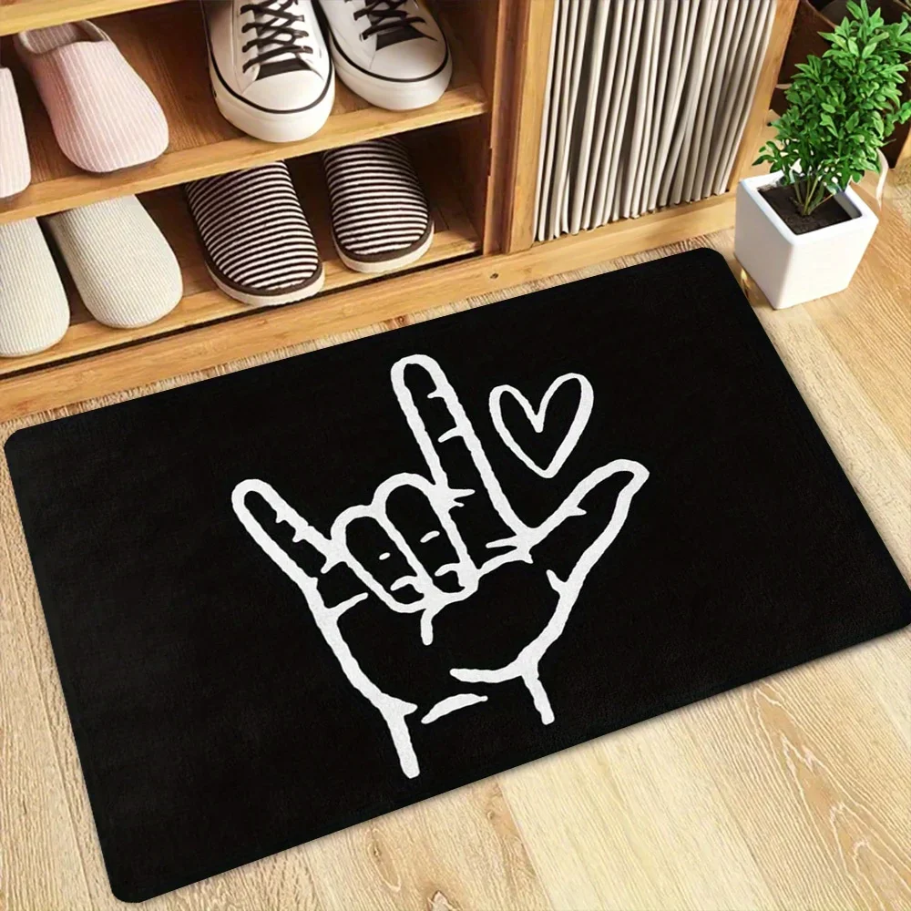 Love Hand Gesture Floor Mat 1pc Black White ASL Sign With Heart Playful Indoor Doormat For Entryway And Living Room