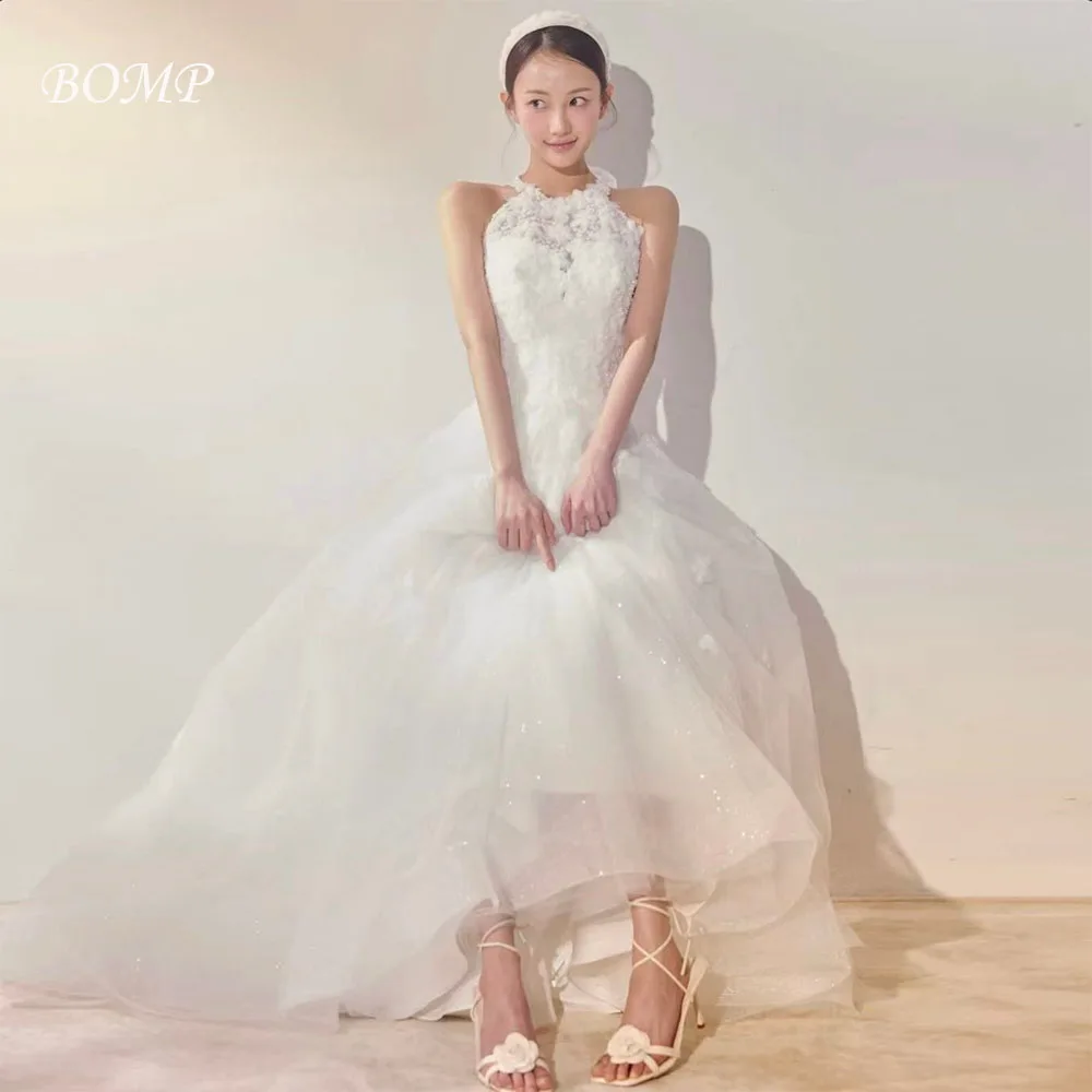 

BOMP Charming Floral Appliques Wedding Party Dress Halter Ivory Korea Photo Shoot Bridal Reception Gown Customized 웨딩드레스