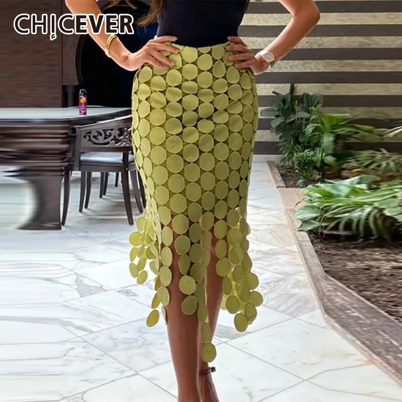 

CHICEVER Temperament Spliced Tassels Skirts For Women High Waist Irregular Hem Hollow Out Bodycon Slim Midi Skirt Female Summer