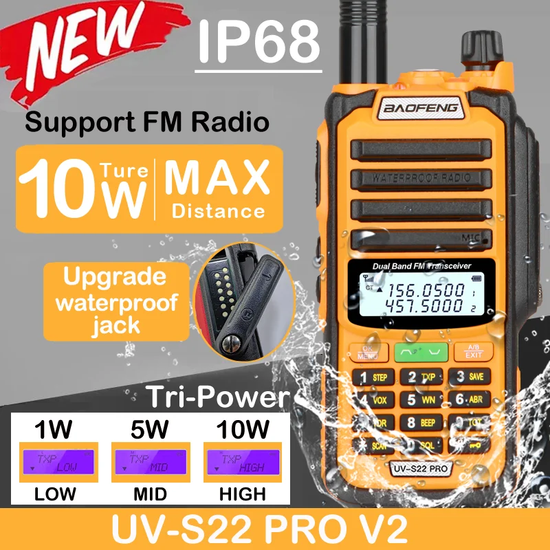 Baofeng UV S22 PRO V2 IP68 Waterproof 10W Power Walkie Talkie Type-C Charger FM Radio UHF VHF Long Range Upgrade UV-9R Plus