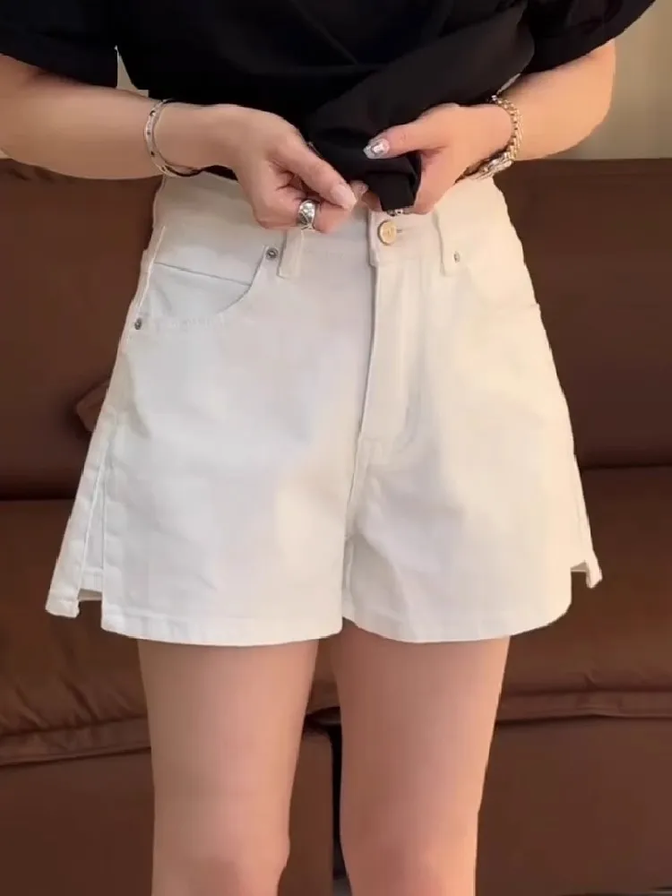 

High Waist Slit Denim orts Women's Summer plus Size Slimming White Hip Covering A-Line Hot Pants Casual Zipper Wide Leg Pants