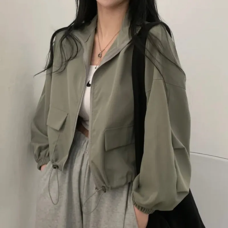 

Chic Spring Autumn ort Zipper Waist Cinching Long Sve Women's Jaet Casual Loose Sle Commute Faion Color