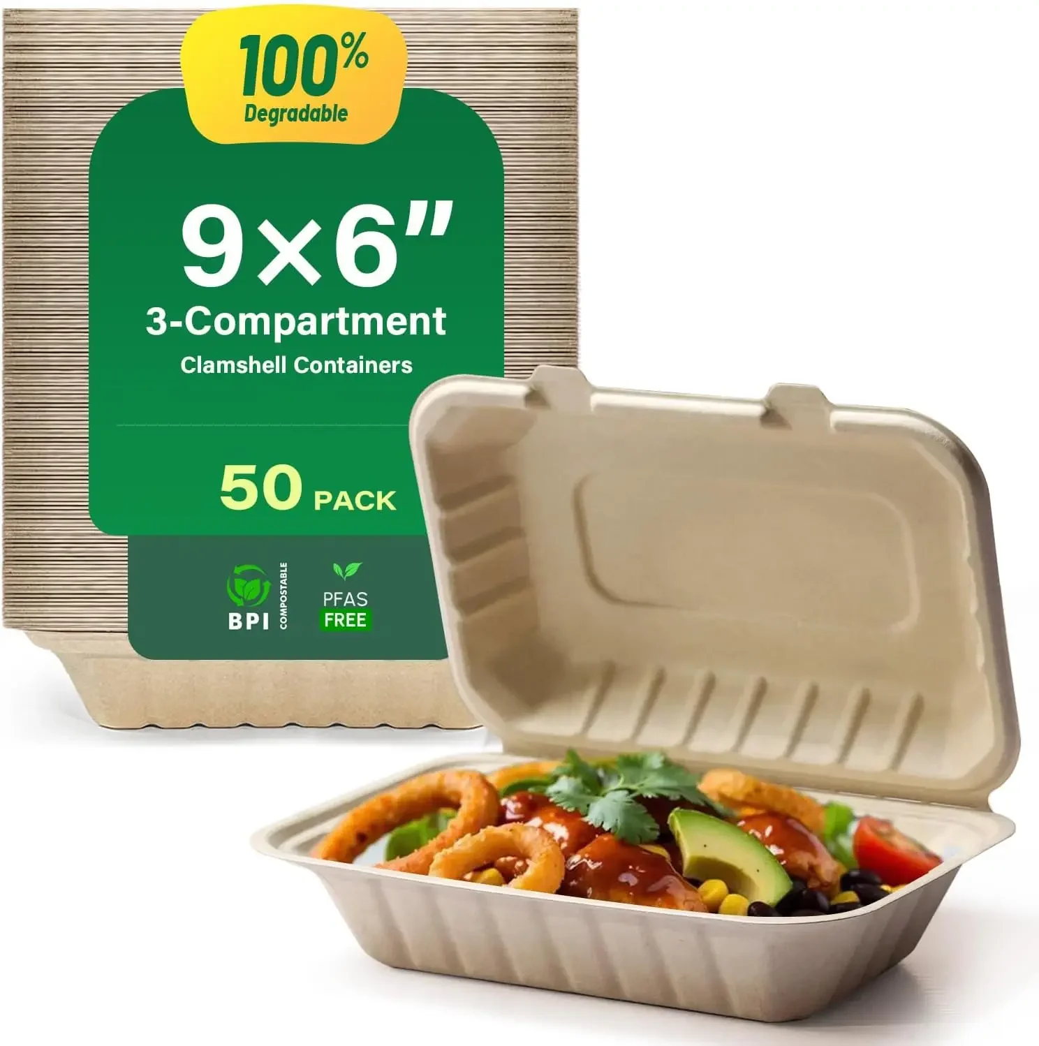 

100% компостируемые пищевые контейнеры с крышками, сверхпрочные экологически чистые коробки из волокна сахарной трости, 9 × 6 50 шт. в упаковке