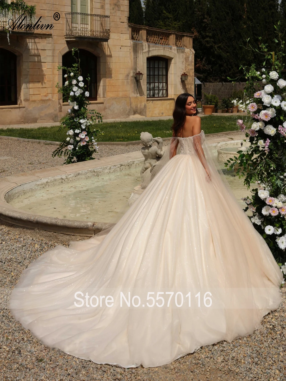 Alonlivn, vestido de baile de perlas con cuentas de lujo, vestidos de Boda de Princesa con hombros descubiertos, vestidos de novia con cuello barco