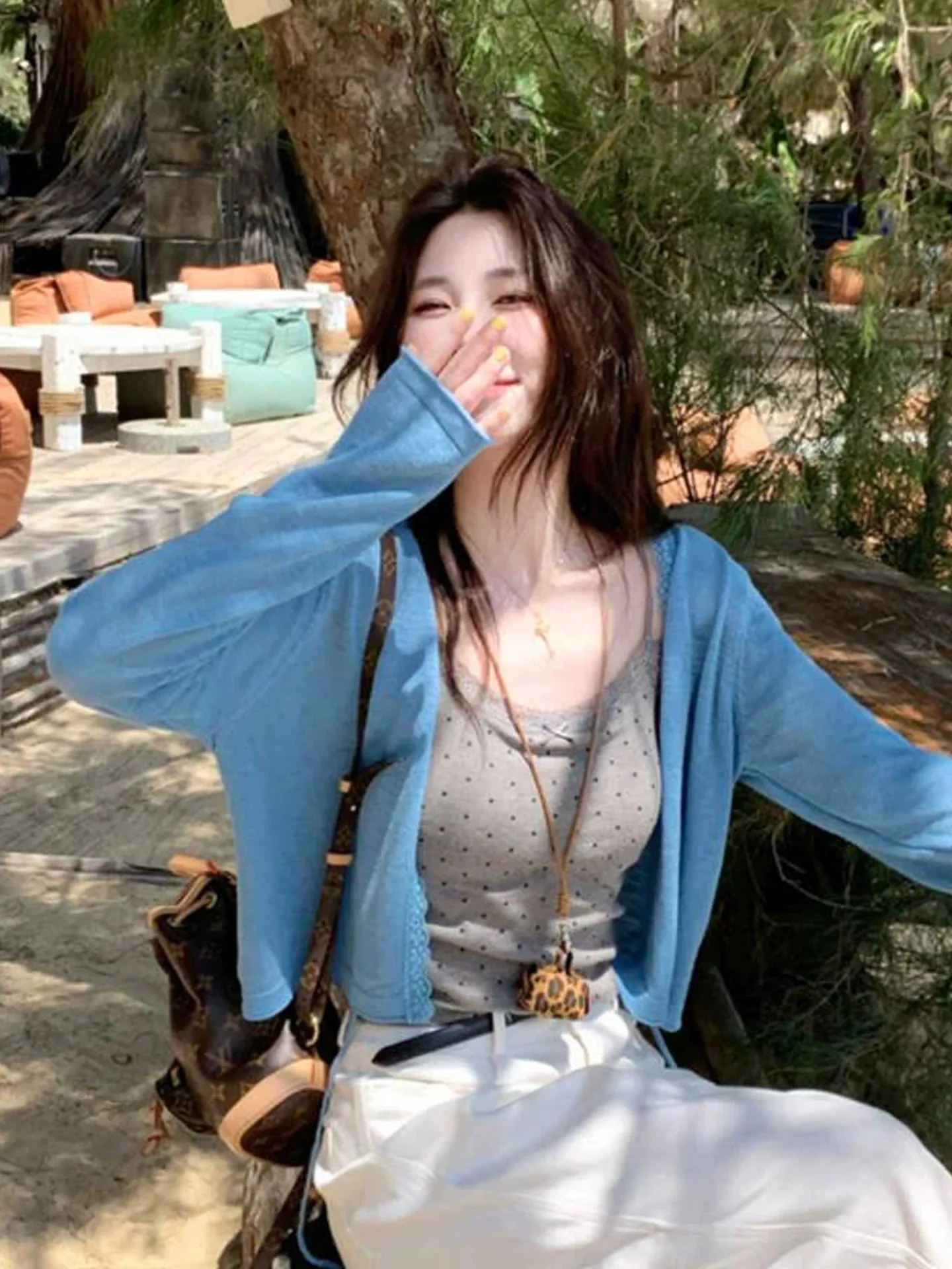 

Unique Blue Ice Silk Knitted Cardigan Women's Summer Outerwear Sun Protection Beautiful Cover up Shawl Top Thin Korean Style