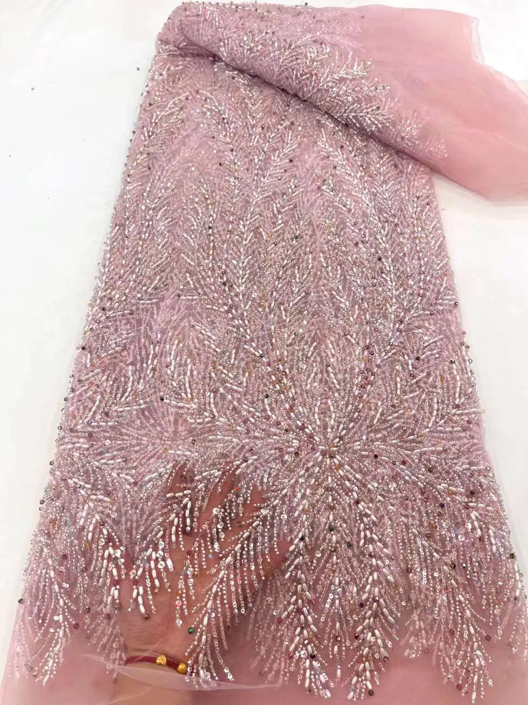 Mccarthy Nigerian Lace Fabrics with Sequins and Beads for Women, African Tulle Lace, Luxury Crystal Stones Fabrics for Wedding