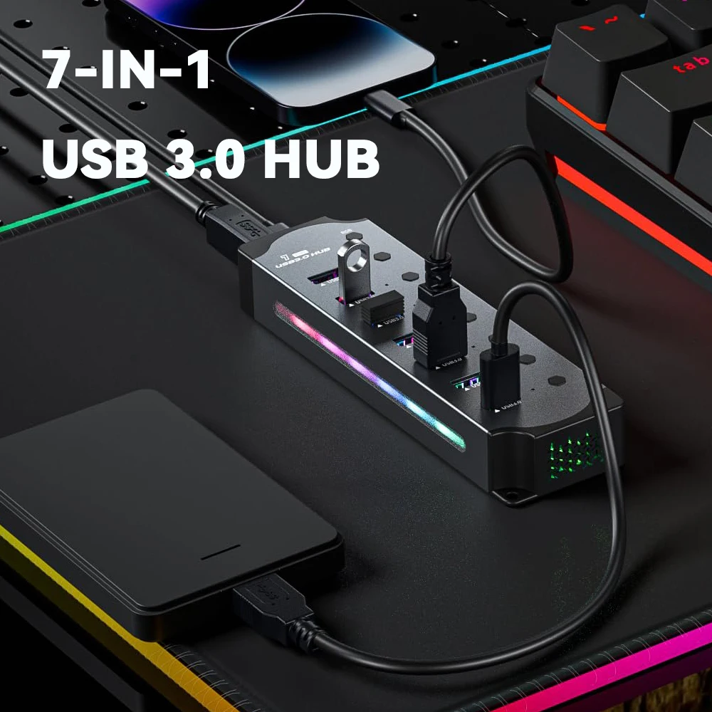 7-Port USB 3.0 Hub Aluminium Mehrere Splitter Unabhängige Tastenschalter Für PC Laptop RGB Lichteffekte High Speed USB Hub
