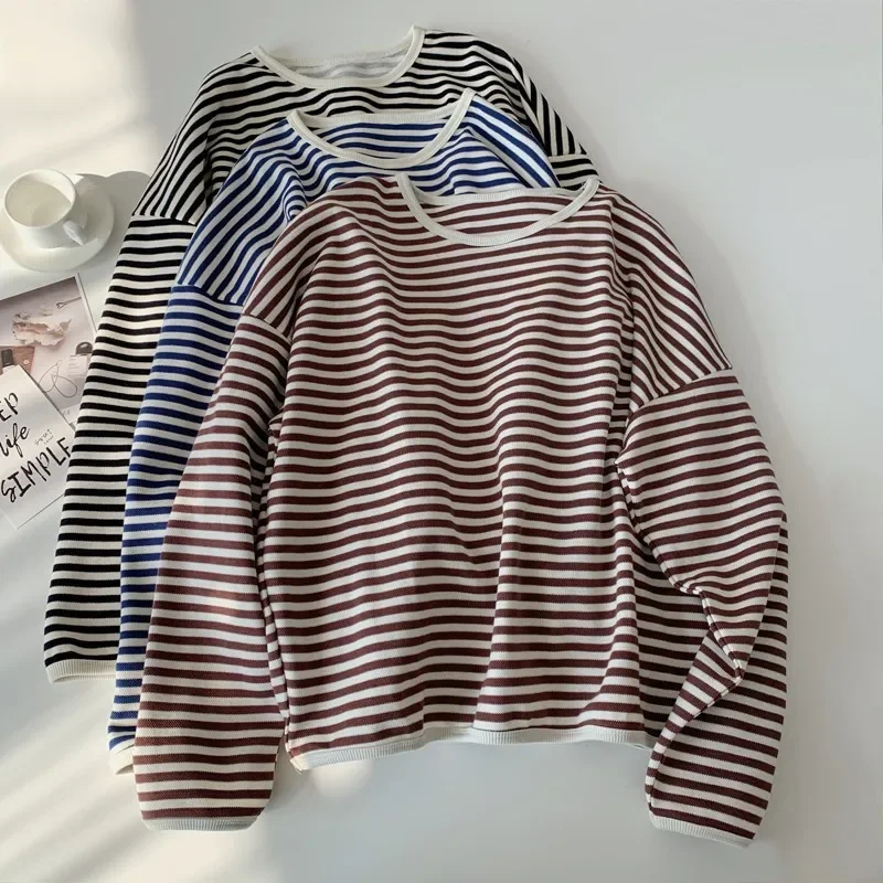 2023 spring and autumn new Korean version casual lazy style pullover striped sweater women\'s loose top coat