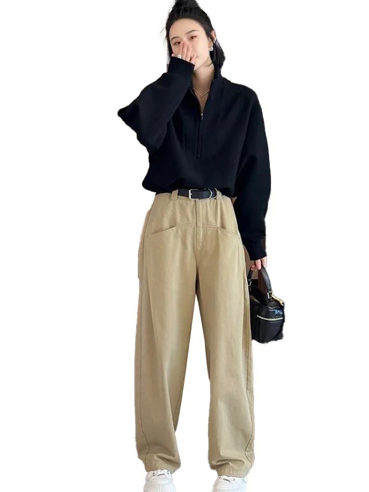 เสื้อสเวตเตอร์คอสูงสีพื้นเรียบง่ายไม่ซ้ำใครสำหรับผู้หญิง แฟชั่นฤดูใบไม้ผลิและฤดูใบไม้ร่วง เสื้อคลุมอเนกประสงค์ทรงหลวมยาว