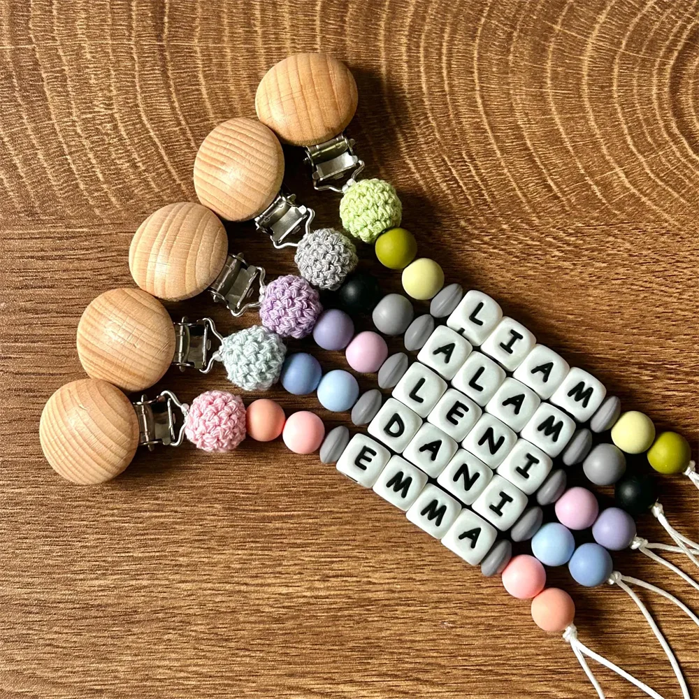 Custom Name Silicone Beads Pacifier Chain with Colorful Beads & Crochet Balls