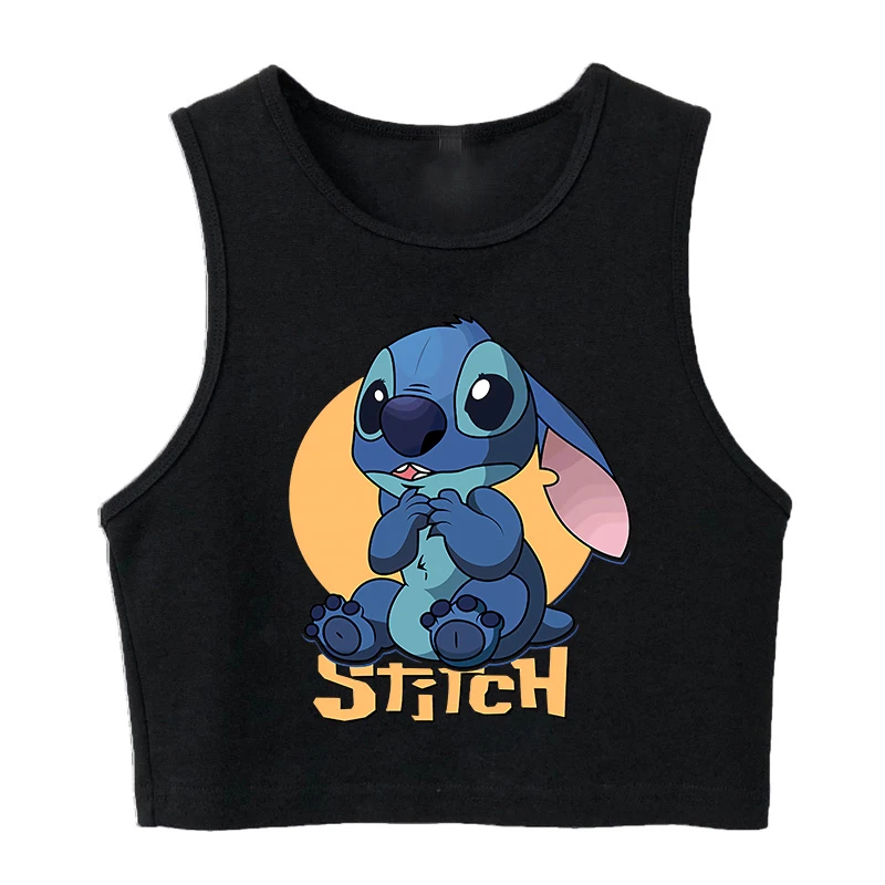 Colete bonito disney lilo stitch regata engraçado dos desenhos animados t camisa feminina ponto camiseta gráfica streetwear colheita topo t feminino