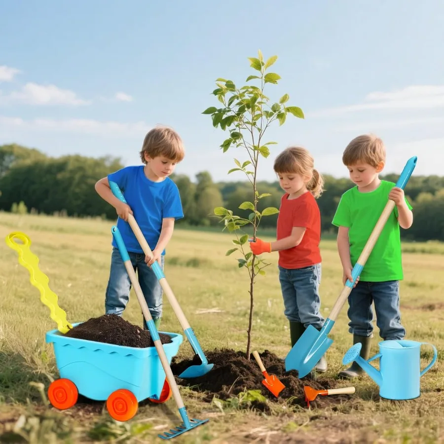 Conjunto de ferramentas de jardinagem com carrinho de mão, brinquedo educacional ao ar livre, pá, ancinho, regador, praia, jardim, quintal, fazenda, brinquedos de escavação fo