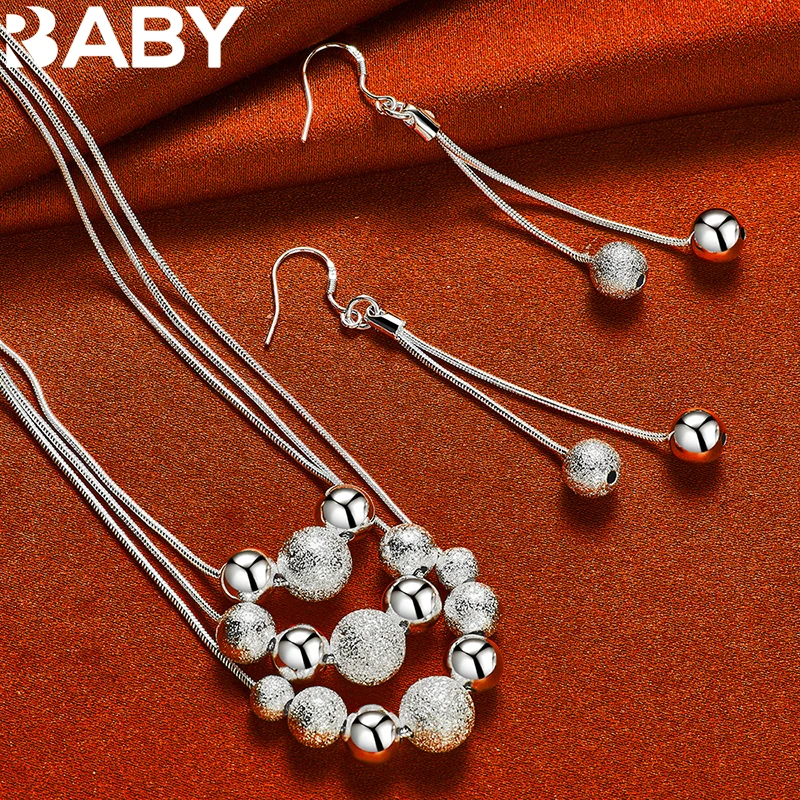 

925 Sterling Silver Smooth Frosting Beads Snake Chain Necklace Earrings Jewelry Set For Women Wedding Fashion Charm Accessories