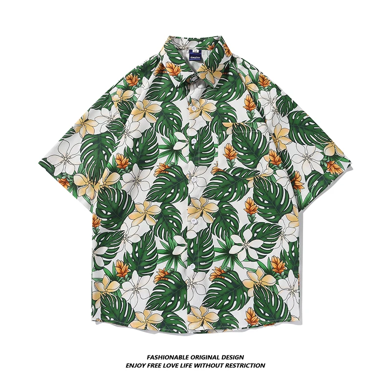 

Viral Hawaiian Flower Men's irt Loose ort Sve Beach Sle Retro Hong Kong Faion Chic Summer Casual Stand Fit