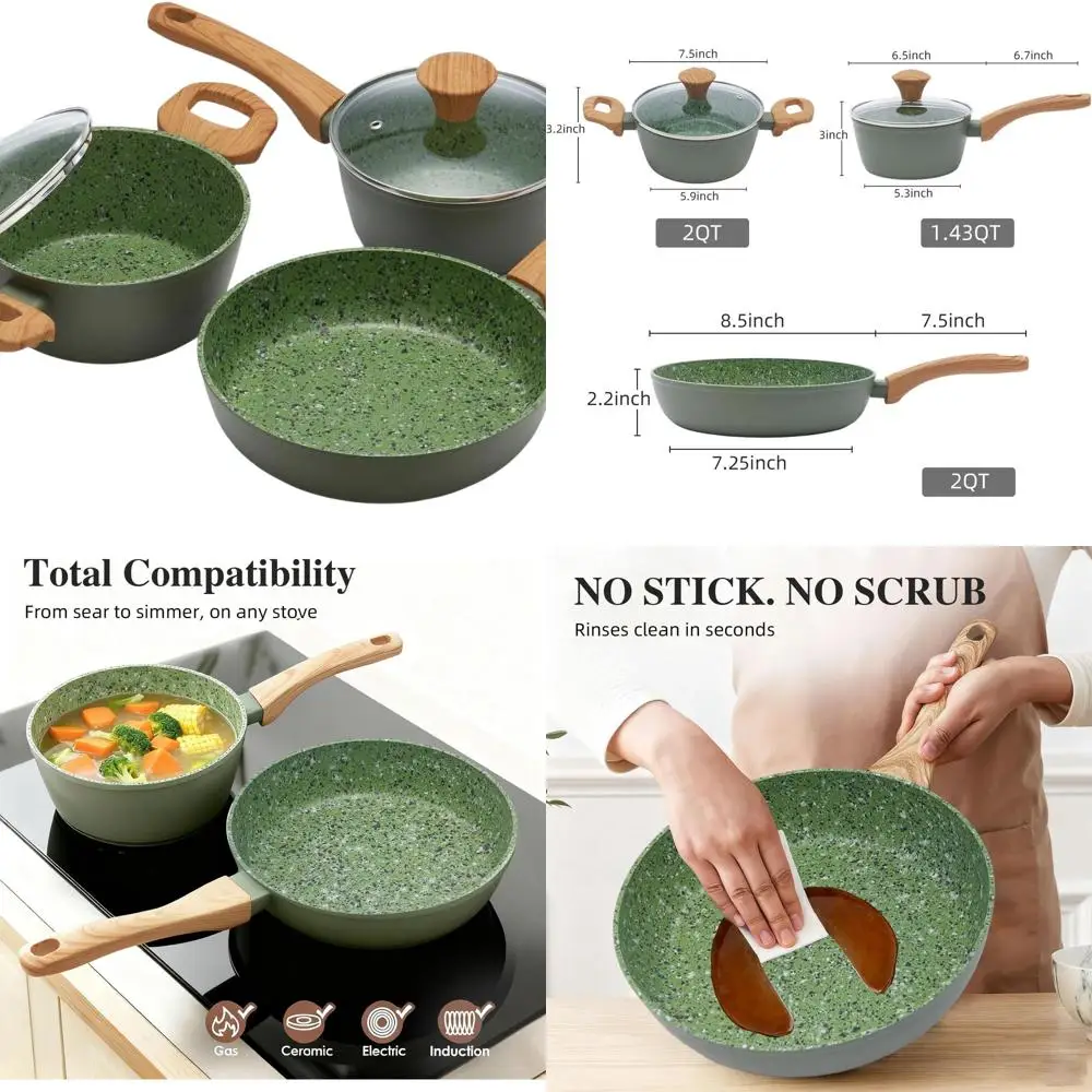 

8,5 посуды с антипригарным покрытием: сковорода и 2 кастрюли с крышками, готовые к индукции, можно мыть в посудомоечной машине, без PFOA