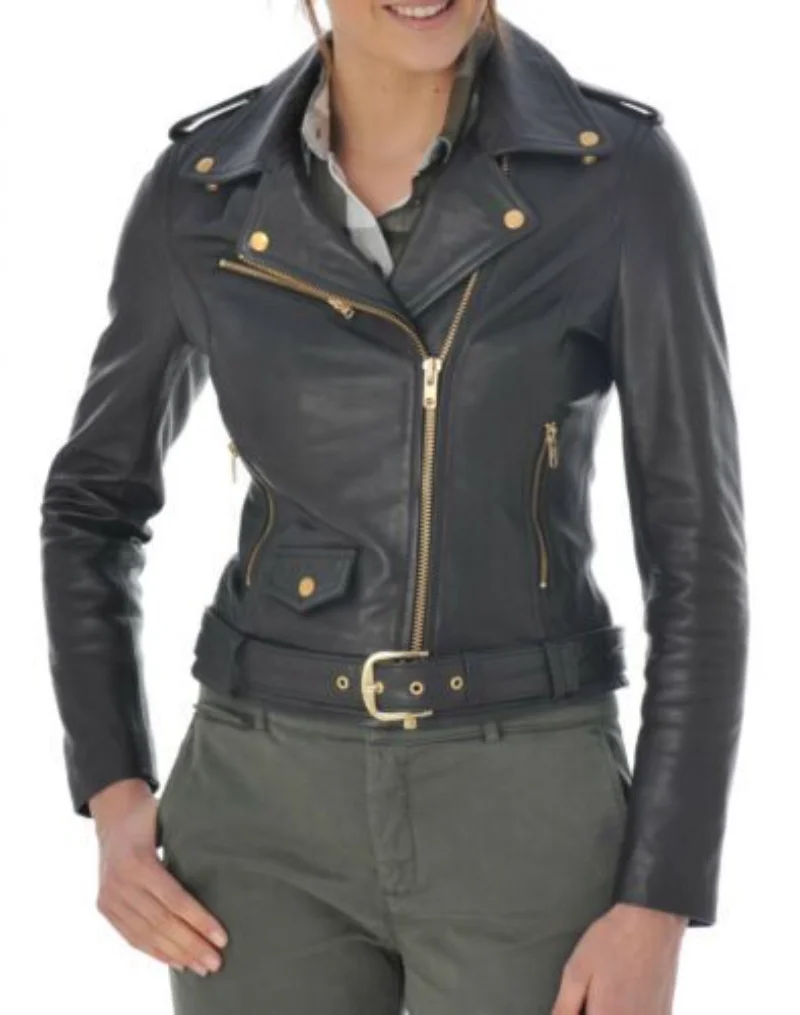 Chaqueta de piel de cordero para mujer, chaqueta de cuero para motociclista, color negro