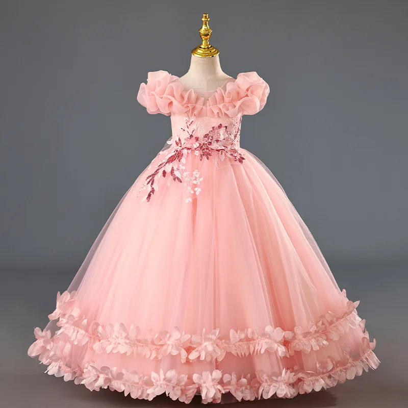 高級ガールズパーティードレス花刺繍結婚式の花嫁介添人白プリンセスドレス女の子ページェント Vestidos ピアノ Perforn ガウン