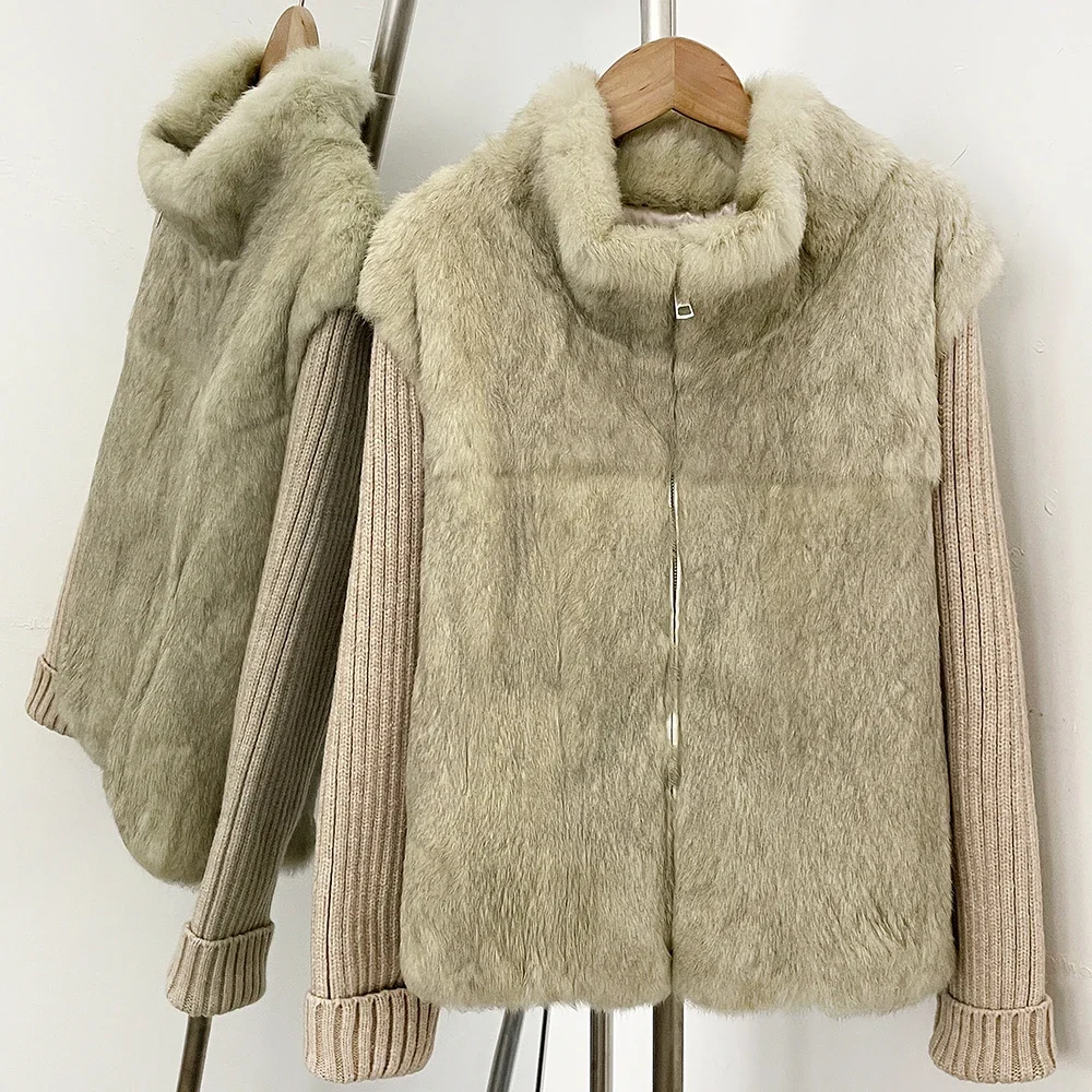 OFTBUY Strickärmel Patchwork Stehkragen Reißverschluss Pelzjacke Damen Echter Rex-Kaninchenfellmantel Kurz Neuer Winter Warmer Mantel Damen – Detail 13