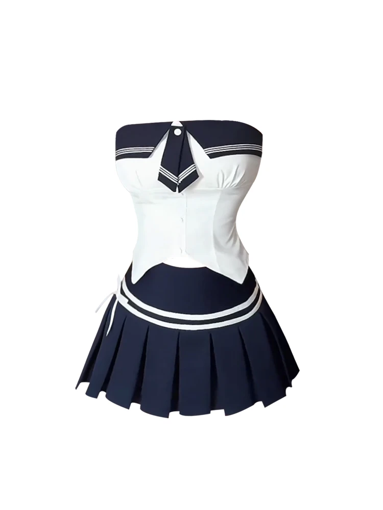 Faionable Cheered  Skirt Set with Strapl Top for Women Summer New Sle Spicy Girl School orm Color Blo Outfit